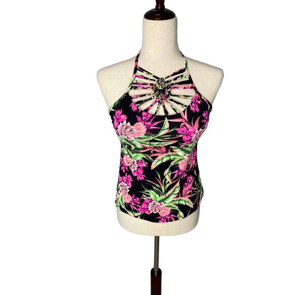 Ambrielle halter black tropical bright multi color tankini swim top women medium - Picture 1 of 7